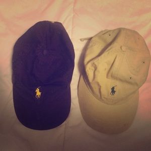 Purple and tan polo hats